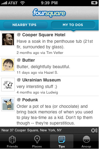 L'application Foursquare sur iPhone
