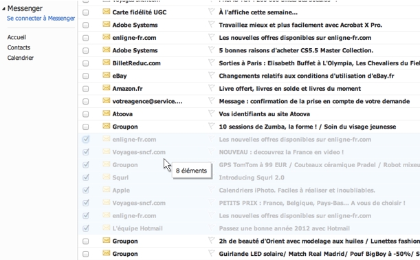 Hotmail affiche le nombre de message en train de glisser