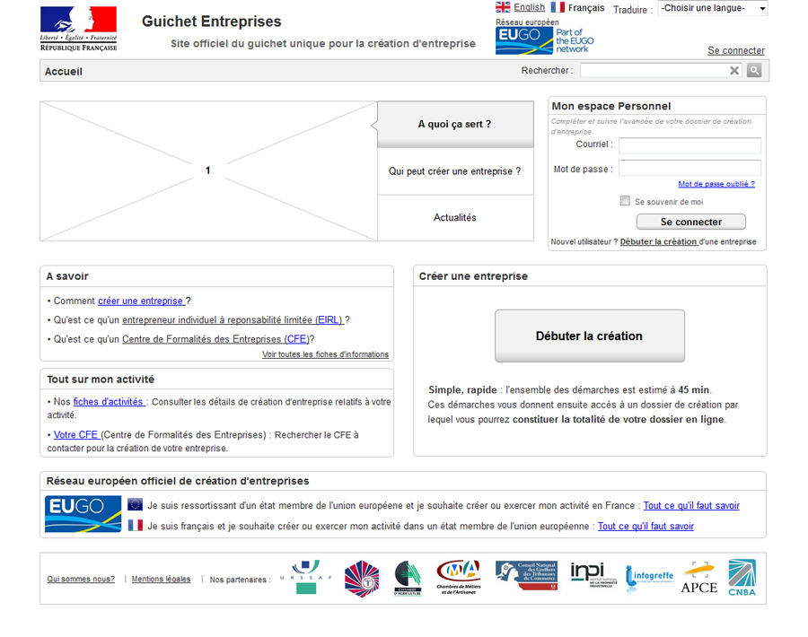 UX design du site guichet-entreprises.fr - maquettage home