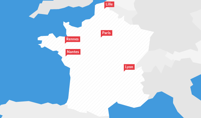 Map of Usabilis in France for usability testing : laboratories in Lyon, Lille, Rennes and Nantes