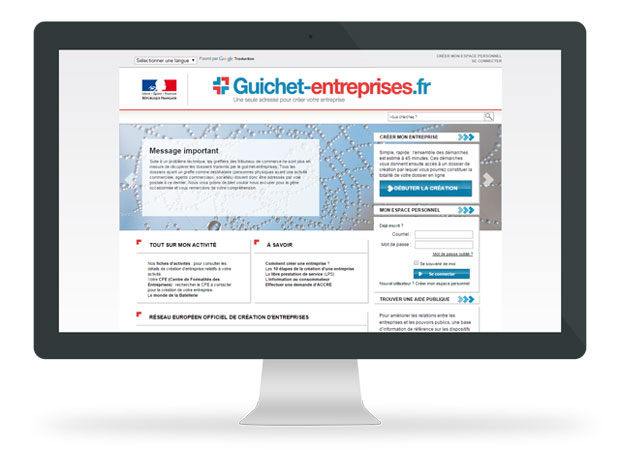 Ecran affichant le site guichet-entreprises.fr